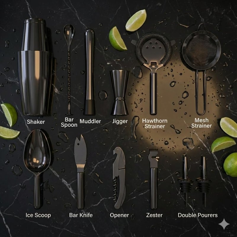 Highball  Chaser Highball & Chaser 13-Piece Gunmetal Black Stainless Steel Boston Cocktail Shaker Bar Tool Set with Mixology Bartender Kit Accessories - Image 4